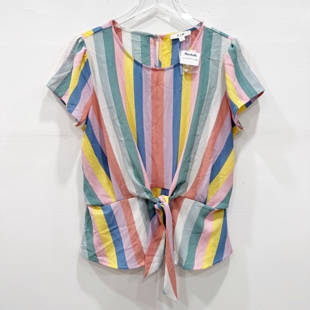 E & M Rainbow Stripe Knit Front Top Short Sleeve Lightweight Large